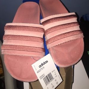 pink velvet adidas slides